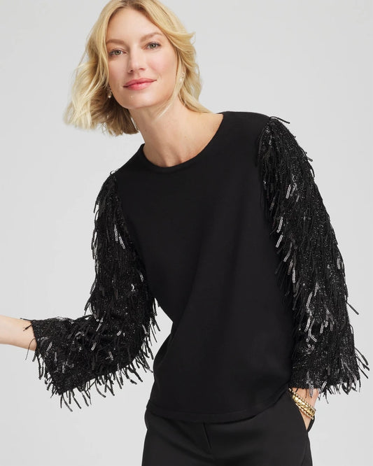 Chico's Women | Fringe Sequins Pullover Sweater BLACK