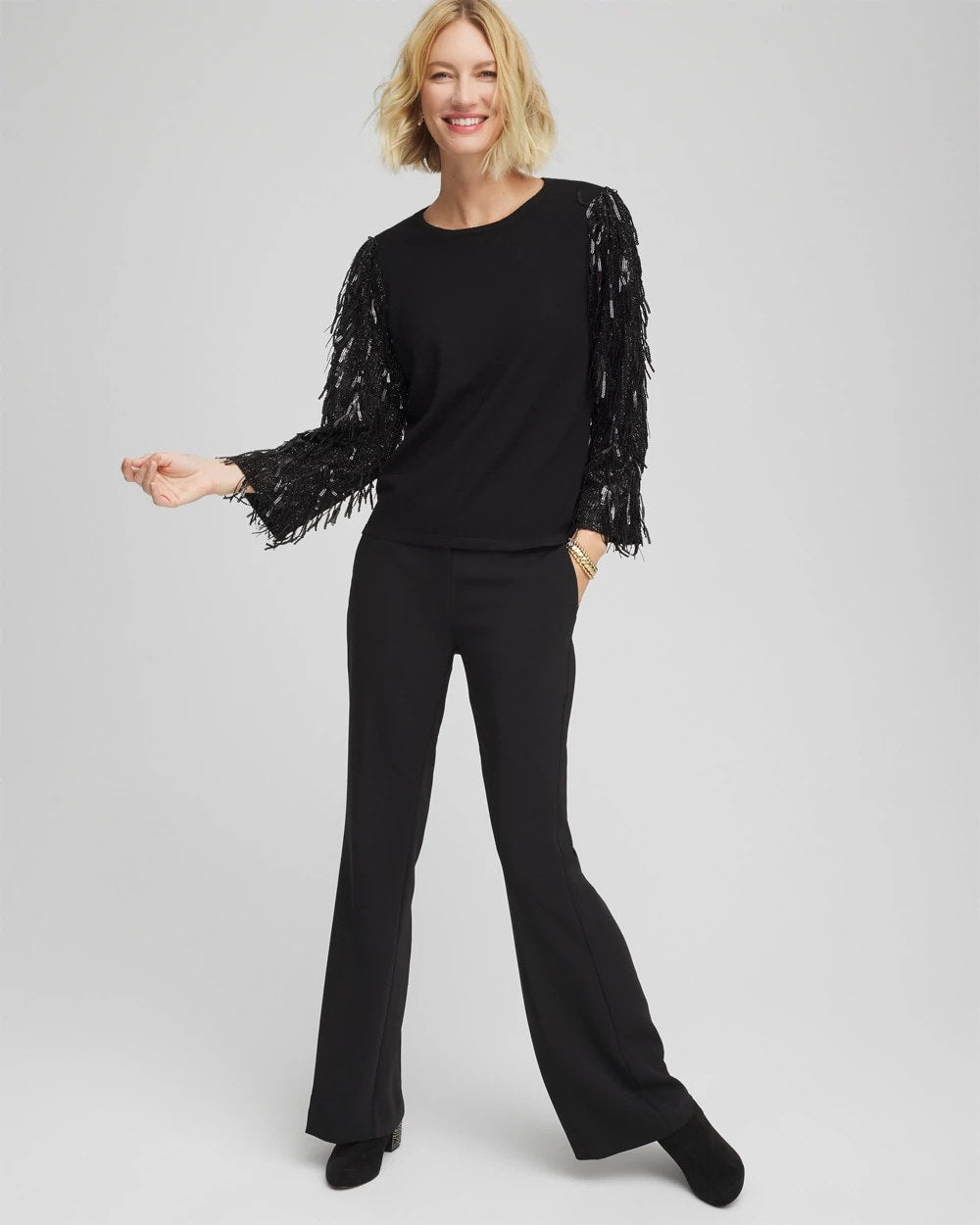 Chico's Women | Fringe Sequins Pullover Sweater BLACK