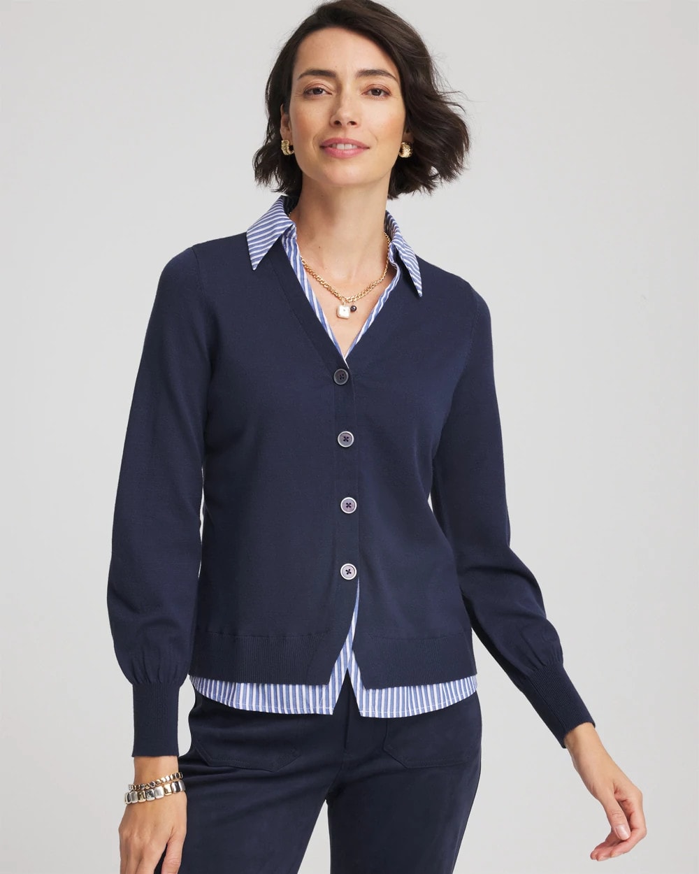Chico's Women | Striped Collared Cardigan Sweater PASSPORT BLUE