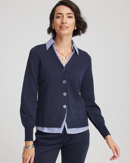 Chico's Women | Striped Collared Cardigan Sweater PASSPORT BLUE