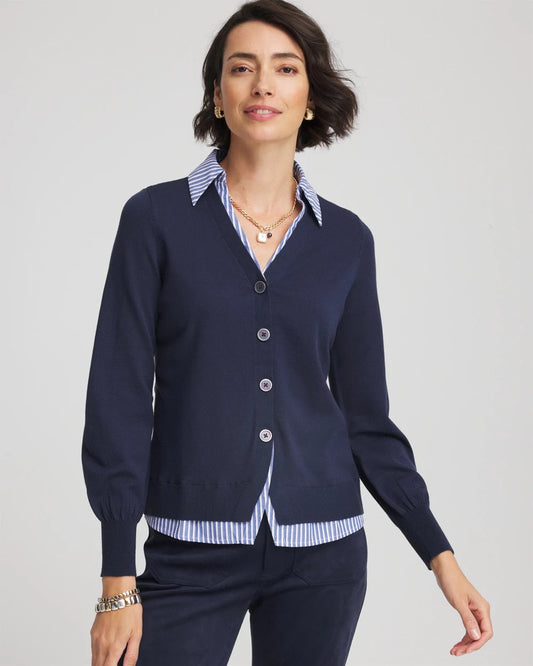 Chico's Women | Striped Collared Cardigan Sweater PASSPORT BLUE