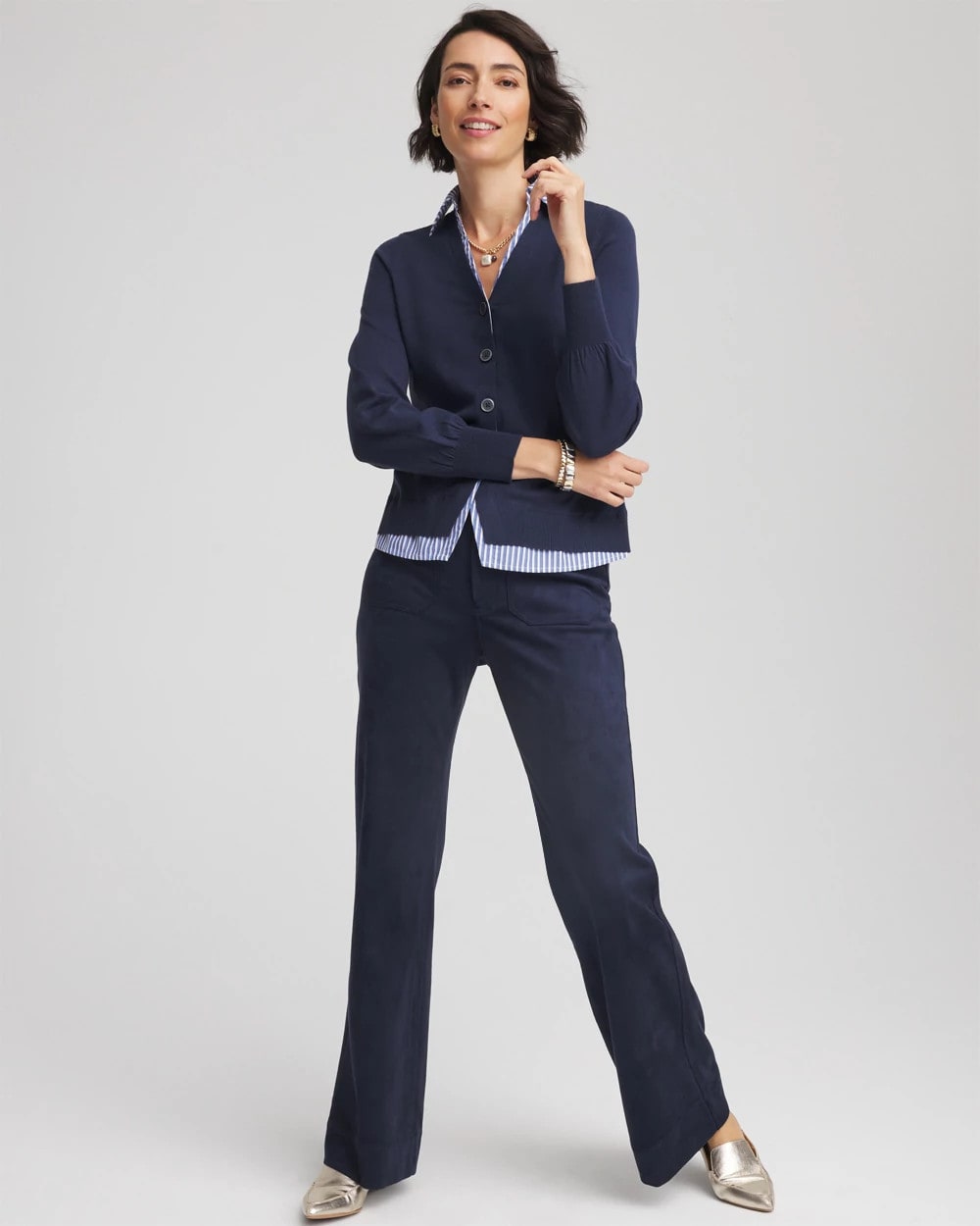 Chico's Women | Striped Collared Cardigan Sweater PASSPORT BLUE