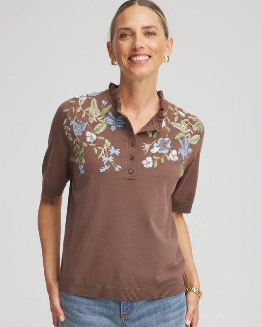Chico's Women | Embroidered Henley Pullover Sweater DRIED MUSHROOM