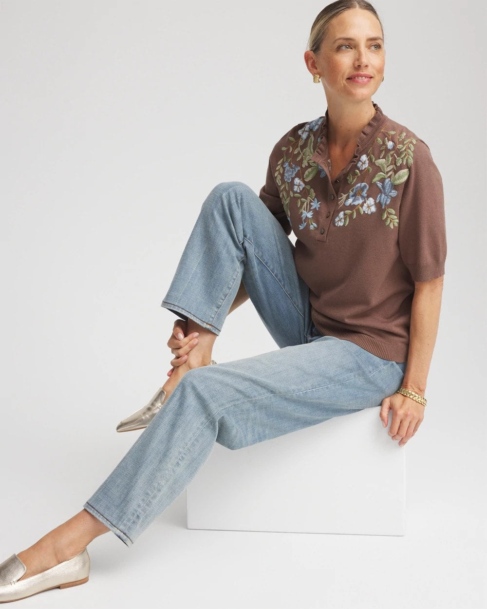 Chico's Women | Embroidered Henley Pullover Sweater DRIED MUSHROOM