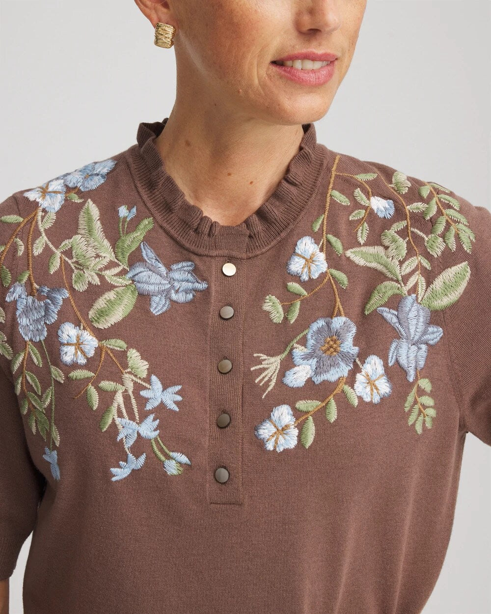Chico's Women | Embroidered Henley Pullover Sweater DRIED MUSHROOM