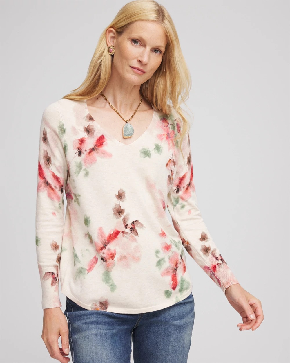 Chico's Women | Ella Flowers & Cream Pullover Sweater ENGLISH CREAM
