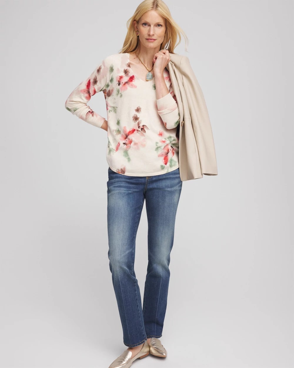 Chico's Women | Ella Flowers & Cream Pullover Sweater ENGLISH CREAM