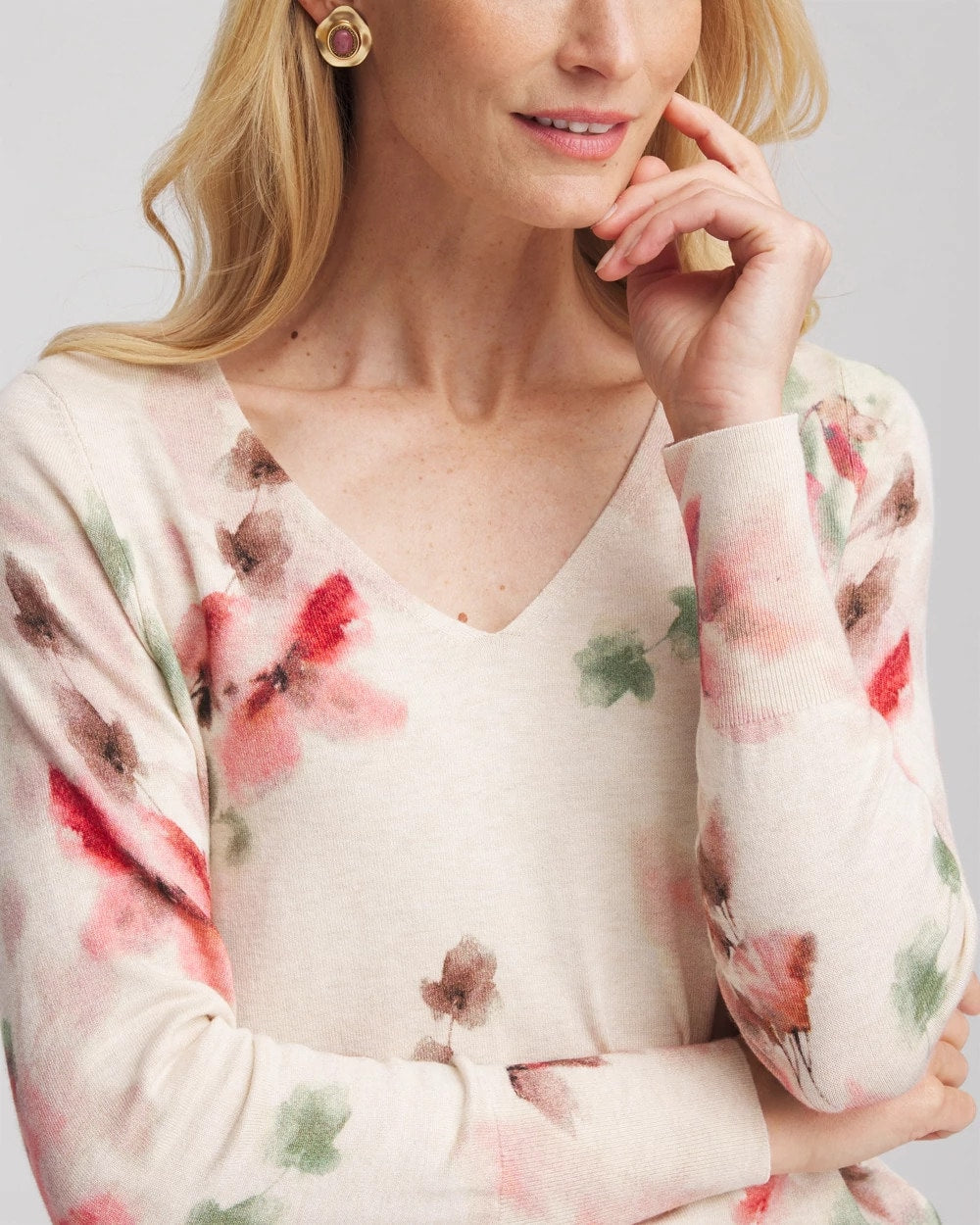 Chico's Women | Ella Flowers & Cream Pullover Sweater ENGLISH CREAM