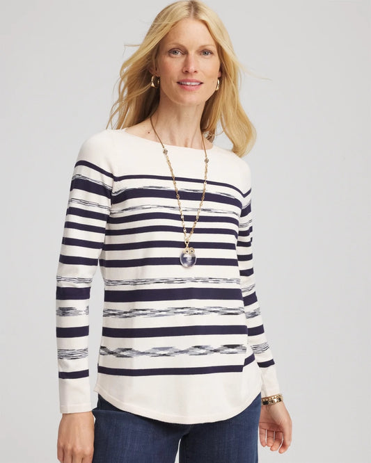 Chico's Women | Ella Striped Bateau Pullover Sweater ENGLISH CREAM