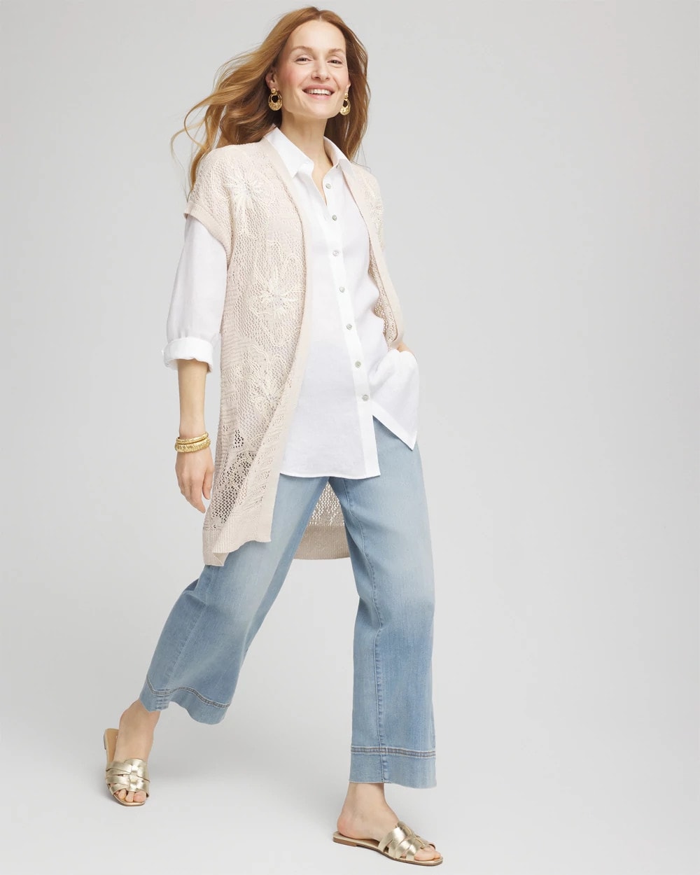 Chico's Women | Pointelle Open-Front Cardigan GLISTENING SAND