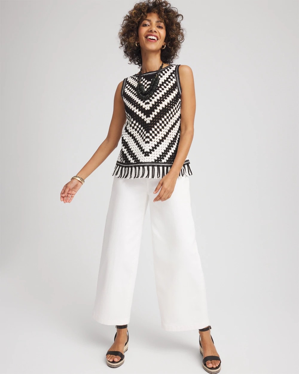 Chico's Women | Crochet Fringe Sleeveless Sweater Tank ECRU