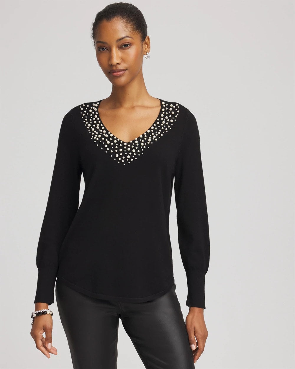 Chico's Women | Ella Embellished V-Neck Sweater BLACK