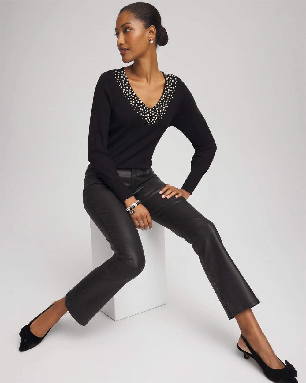 Chico's Women | Ella Embellished V-Neck Sweater BLACK