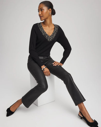 Chico's Women | Ella Embellished V-Neck Sweater BLACK