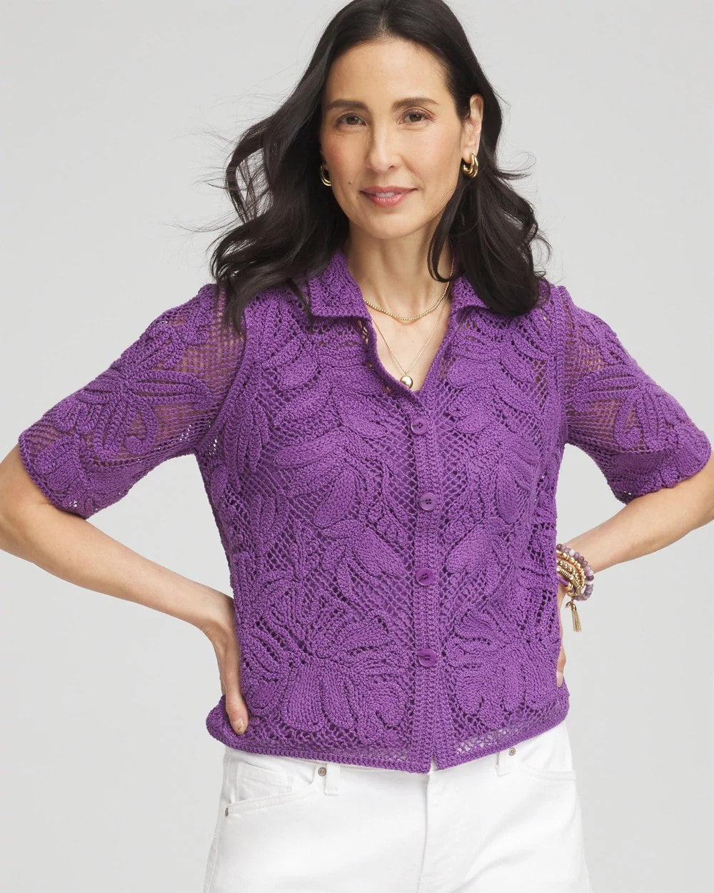 Chico's Women | Palm-Frond Crochet-Lace Shacket PLUM SHADE