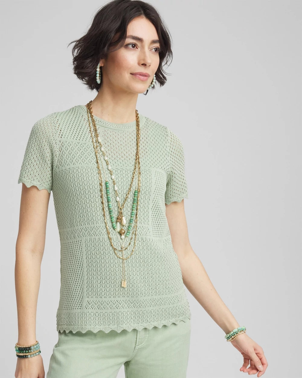 Chico's Women | Pointelle Crewneck Sweater Tee MOROCCAN MINT