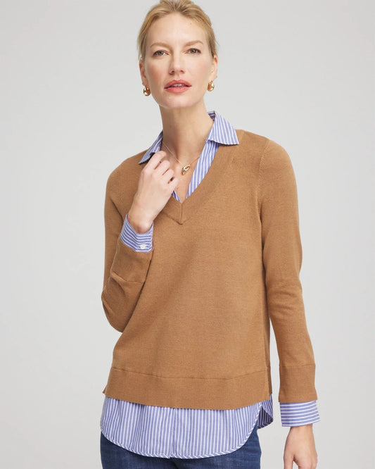 Chico's Women | Camel Built-In Shirt Knit Sweater CARAMEL APPLE HEATHER