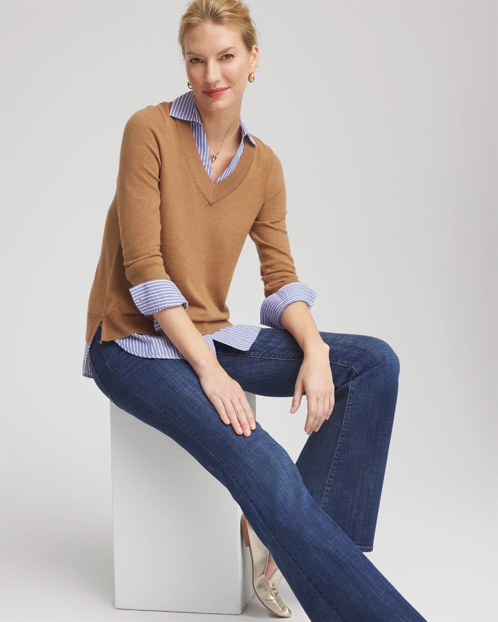Chico's Women | Camel Built-In Shirt Knit Sweater CARAMEL APPLE HEATHER