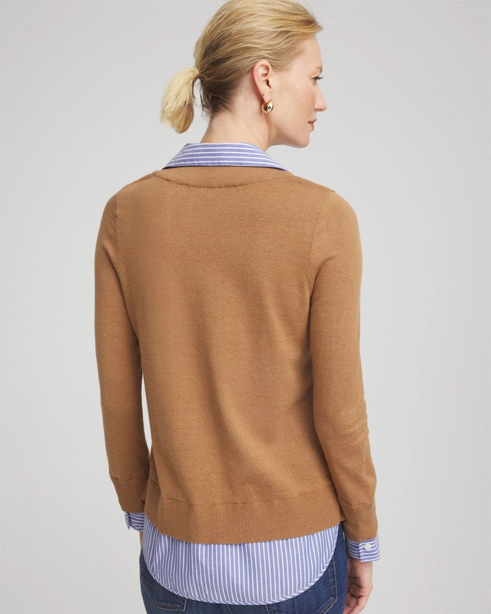 Chico's Women | Camel Built-In Shirt Knit Sweater CARAMEL APPLE HEATHER