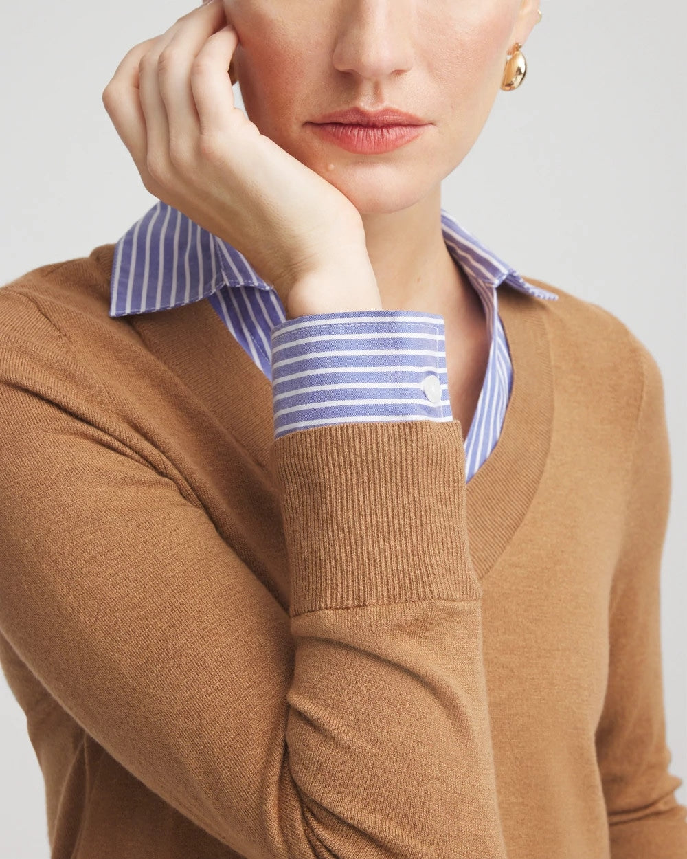 Chico's Women | Camel Built-In Shirt Knit Sweater CARAMEL APPLE HEATHER