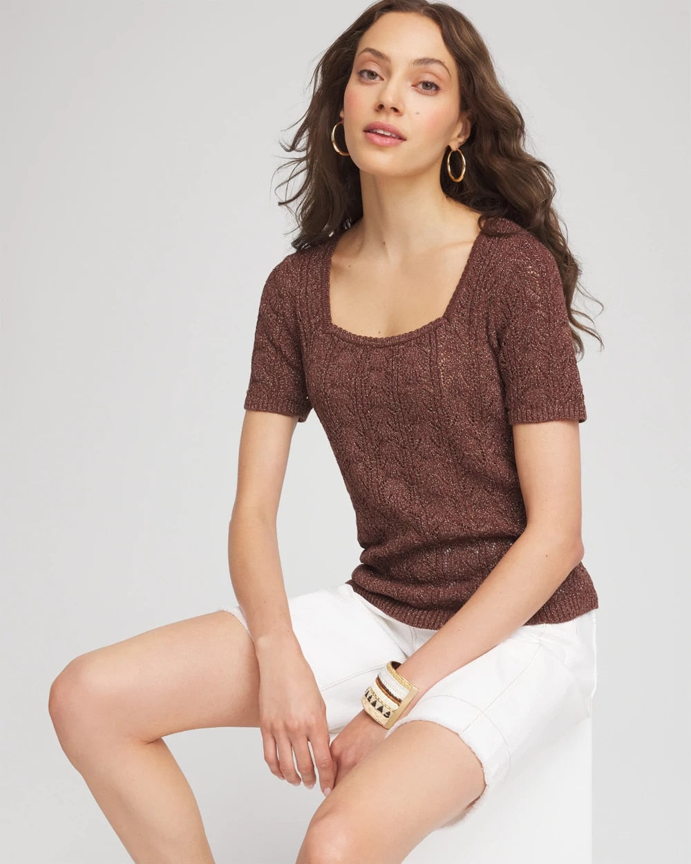 Chico's Women | Pointelle Square-Neck Pullover Sweater CACAO