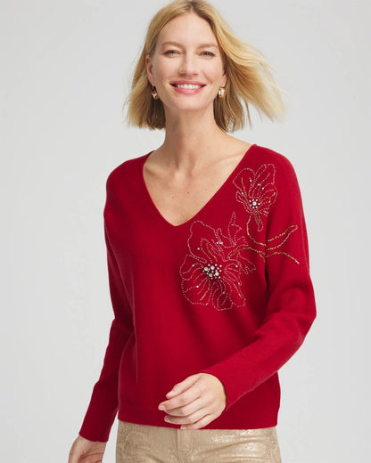 Chico's Women | Floral Embellished Dolman V-Neck Pullover CARMINE RED