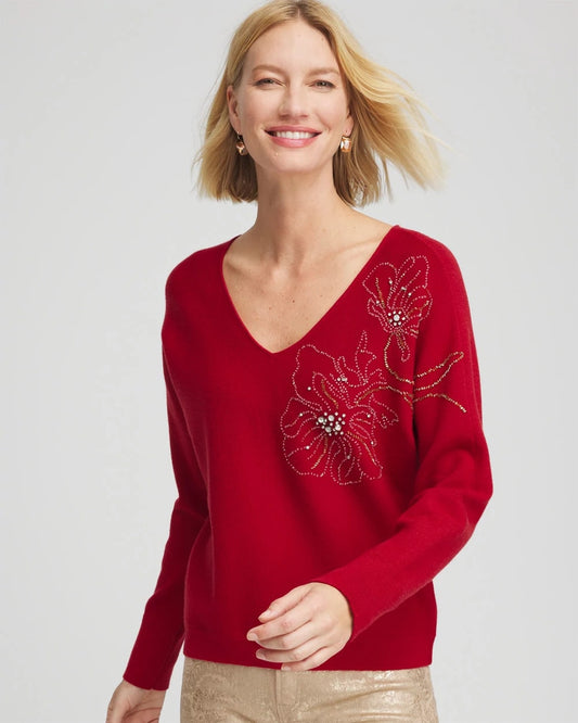 Chico's Women | Floral Embellished Dolman V-Neck Pullover CARMINE RED