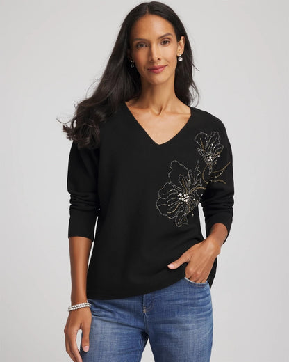 Chico's Women | Floral Embellished Dolman V-Neck Pullover BLACK