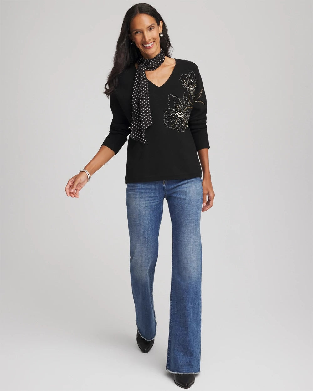 Chico's Women | Floral Embellished Dolman V-Neck Pullover BLACK