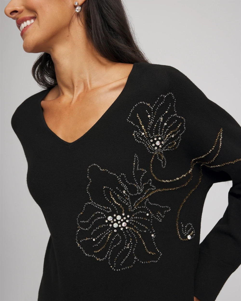 Chico's Women | Floral Embellished Dolman V-Neck Pullover BLACK