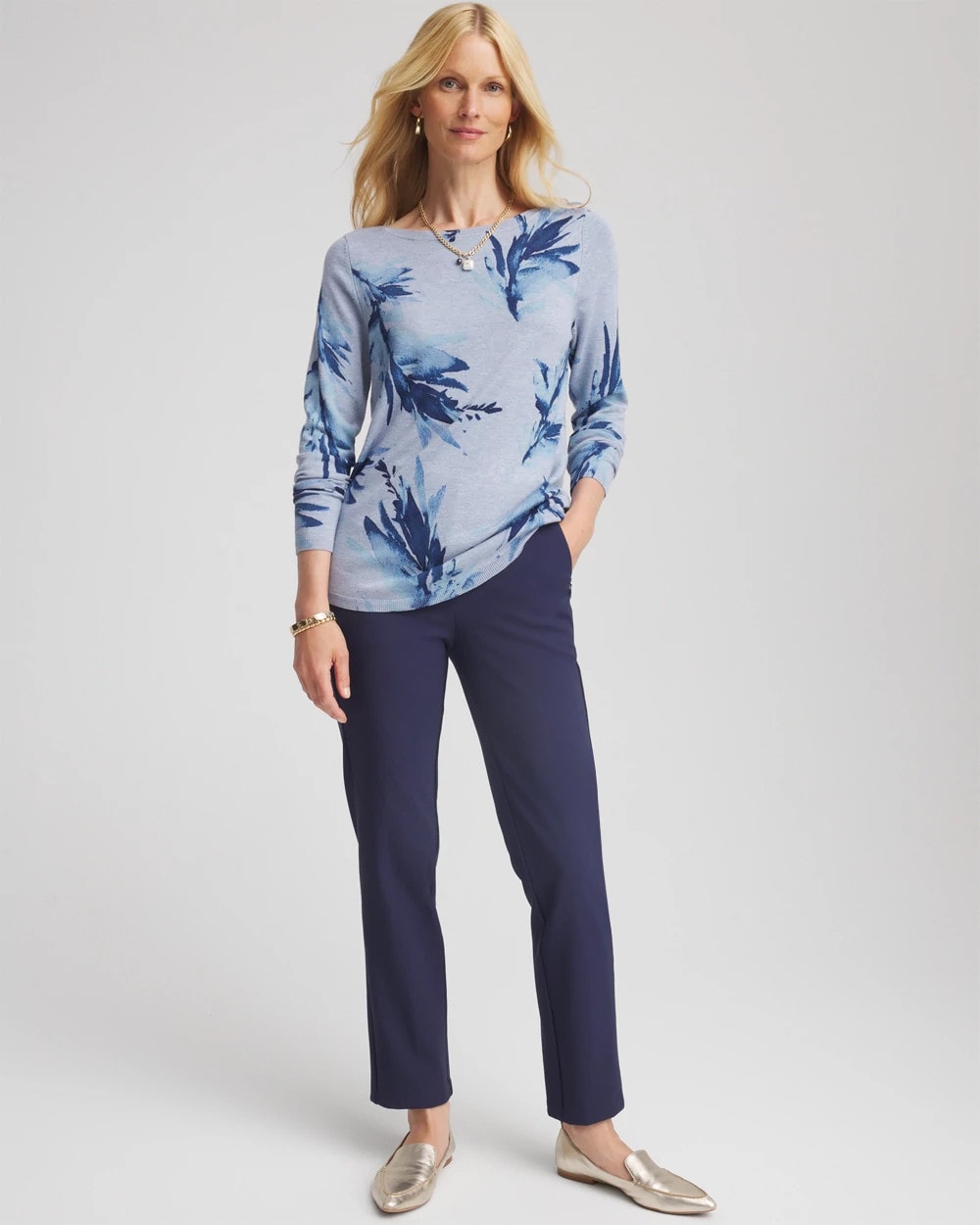 Chico's Women | Ella Painterly Bateau Pullover Sweater PASSPORT BLUE