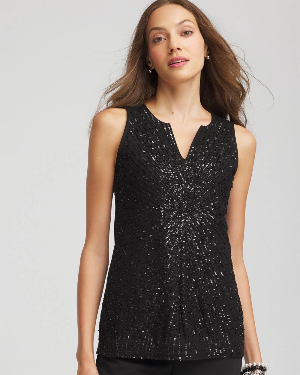 Chico's Women | Sequin Beaded Notch Neck Tank BLACK