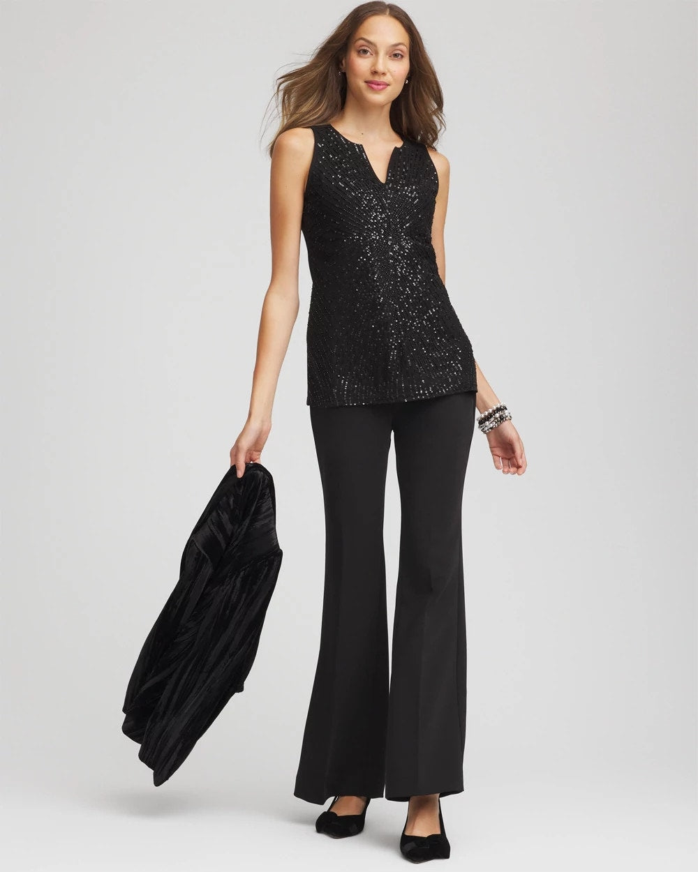 Chico's Women | Sequin Beaded Notch Neck Tank BLACK