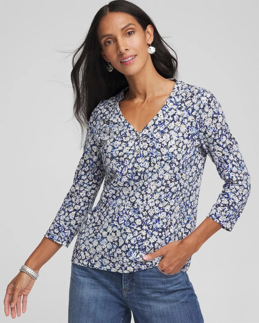Chico's Women | Printed Slub Splitneck Button Tee PASSPORT BLUE