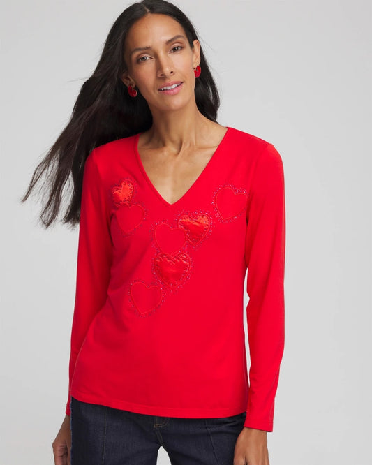 Chico's Women | Embellished Heart V-Neck Tee LOVE LETTER RED
