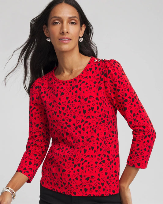 Chico's Women | Lover Girl Button Heart Tee LOVE LETTER RED