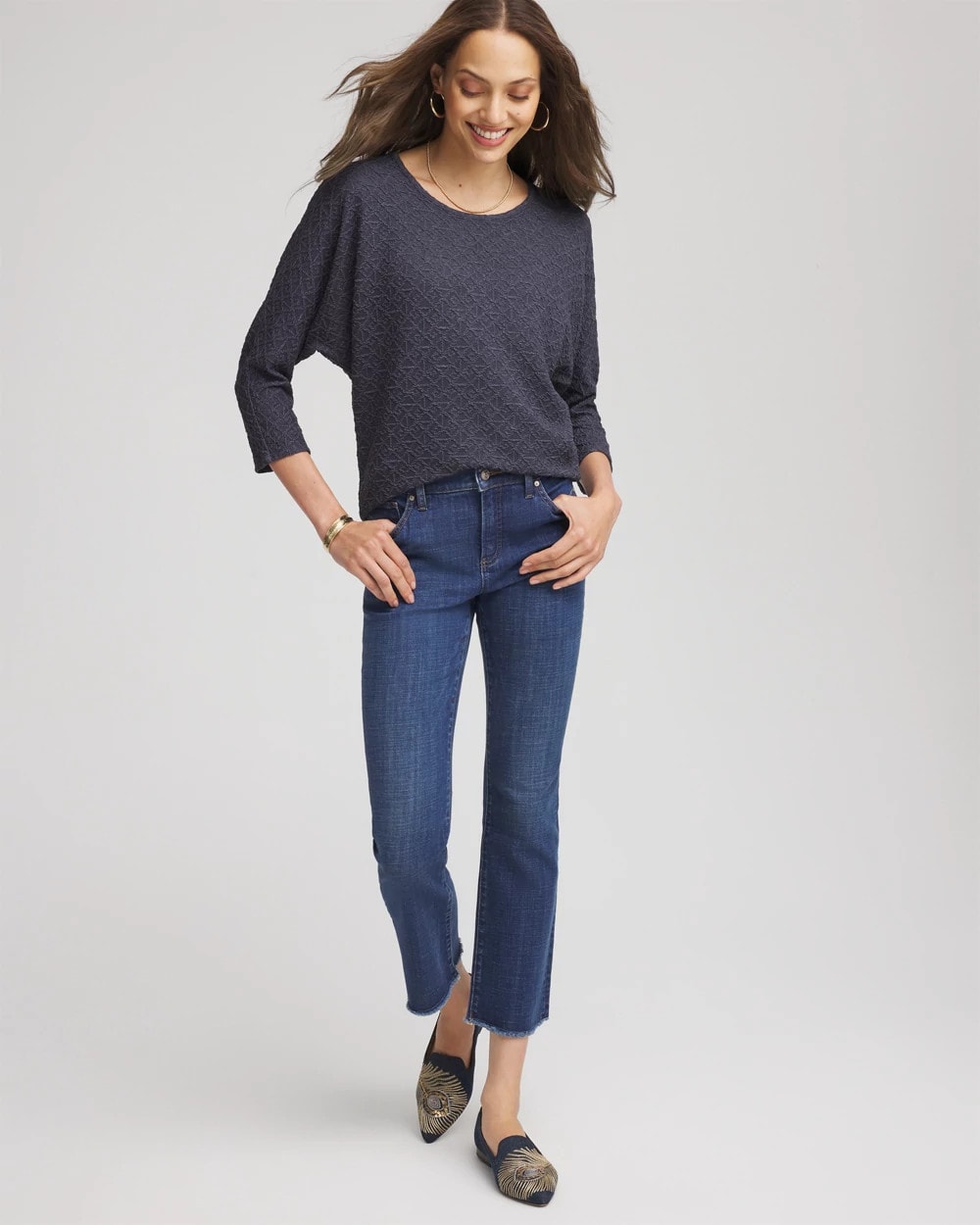 Chico's Women | Textured Denim-Motif Tapered-Hem Top DENIM