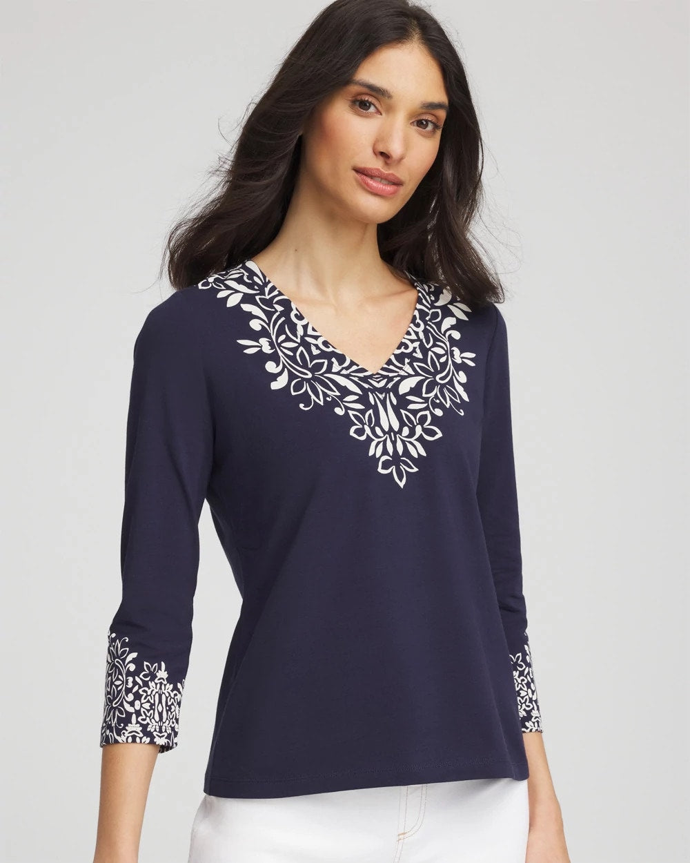 Chico's Women | Chic Scroll 3/4 Sleeve Perfect Tee PASSPORT BLUE