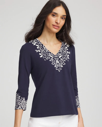 Chico's Women | Chic Scroll 3/4 Sleeve Perfect Tee PASSPORT BLUE