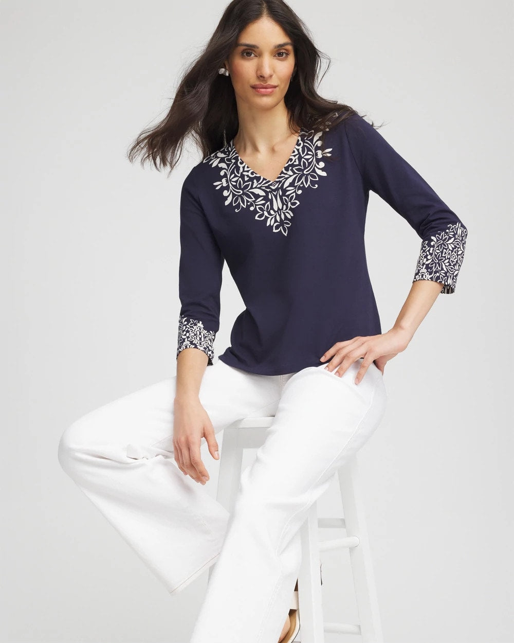 Chico's Women | Chic Scroll 3/4 Sleeve Perfect Tee PASSPORT BLUE