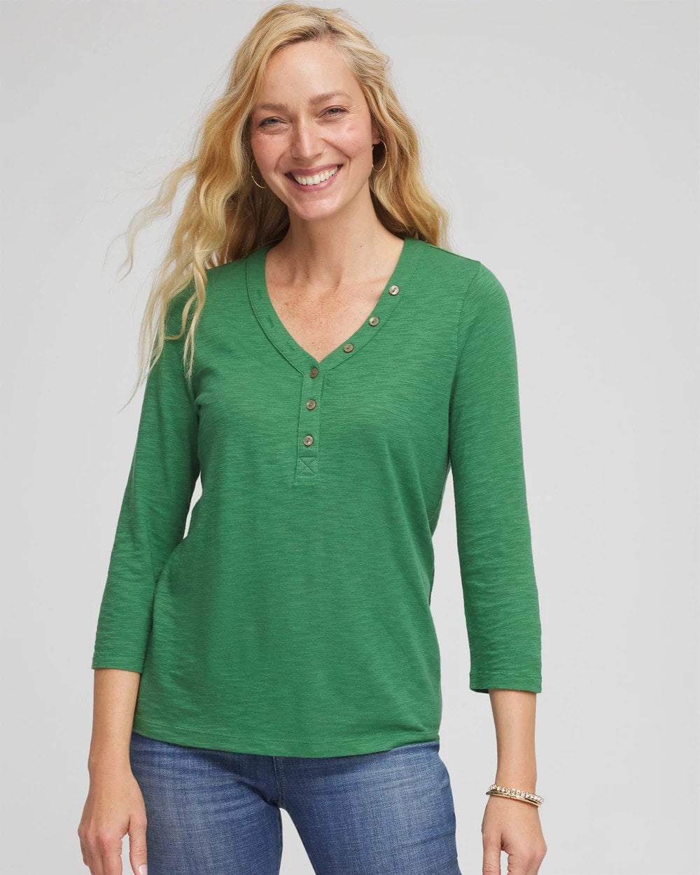 Chico's Women | Slub Splitneck Button Tee JARDIN GREEN