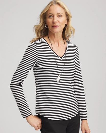 Chico's Women | Striped V-Neck Layering Tee BLACK