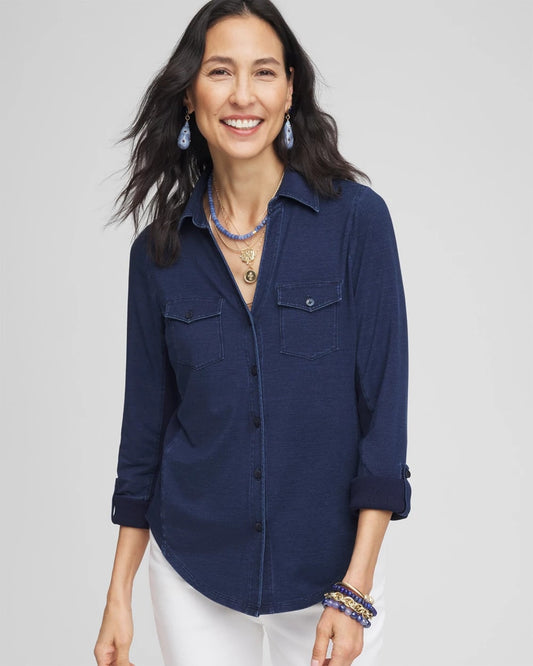 Chico's Women | Collared Henley Denim Top RIVIERA AUTHENTIC