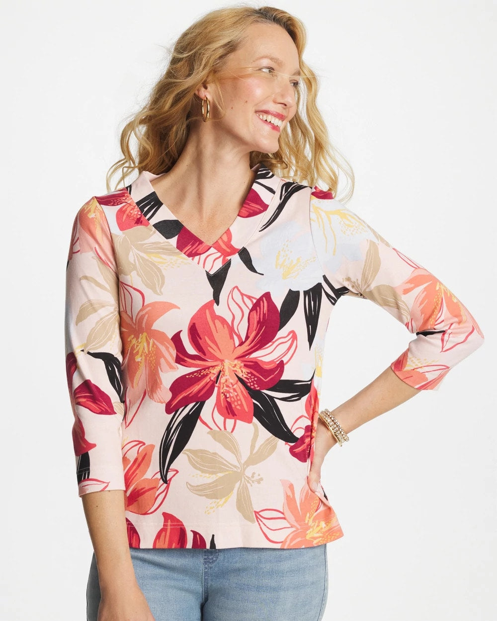 Chico's Women | Pima Cotton 3/4 Sleeve Tee FOLKLORIC RED