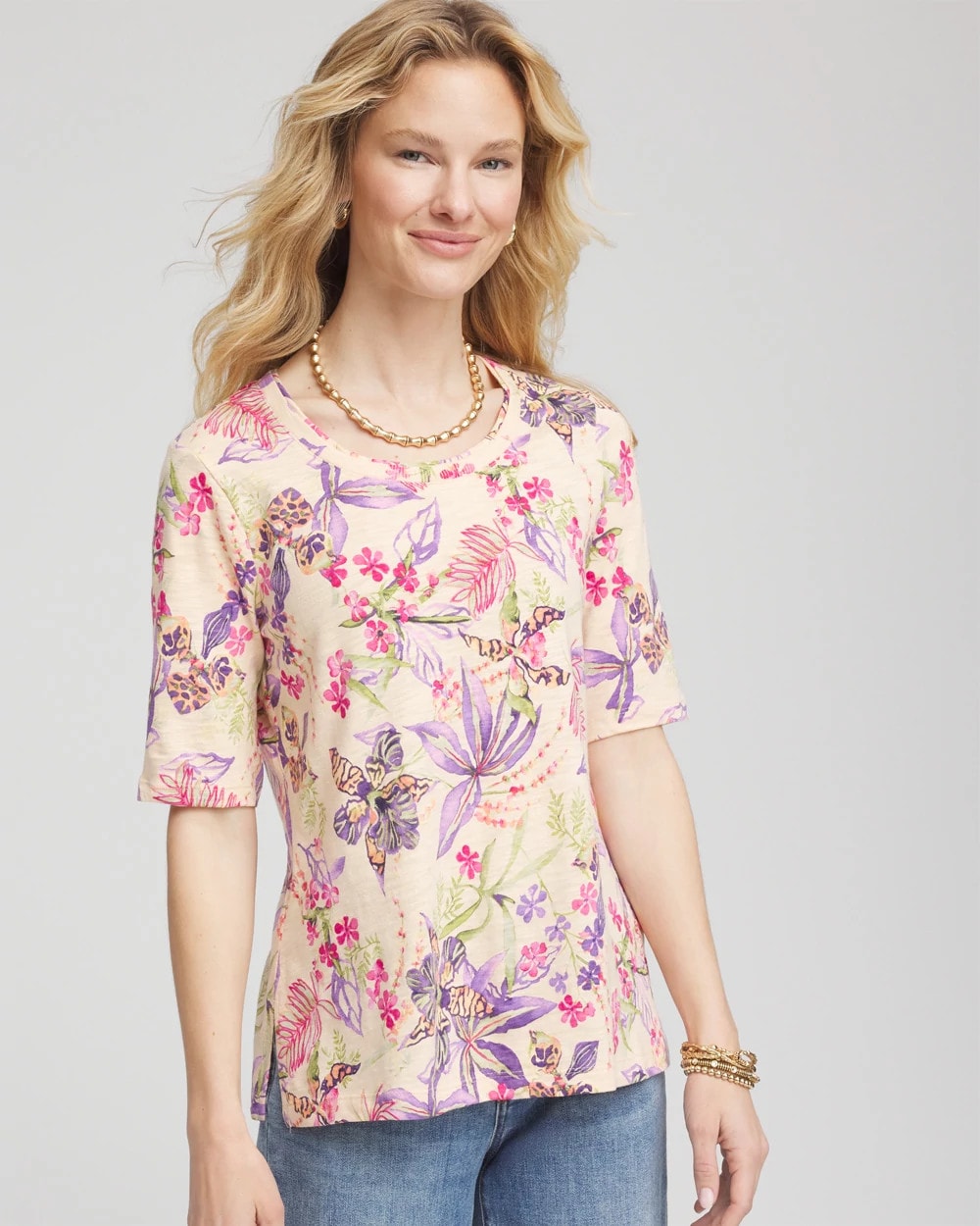 Chico's Women | Tropical Floral Elbow-Sleeve Tee SUNSET PEACH