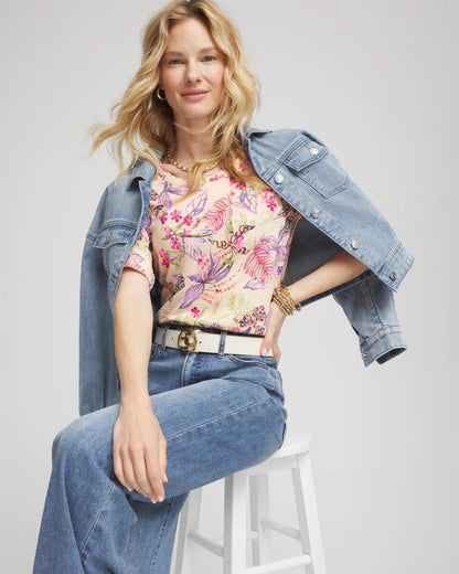 Chico's Women | Tropical Floral Elbow-Sleeve Tee SUNSET PEACH