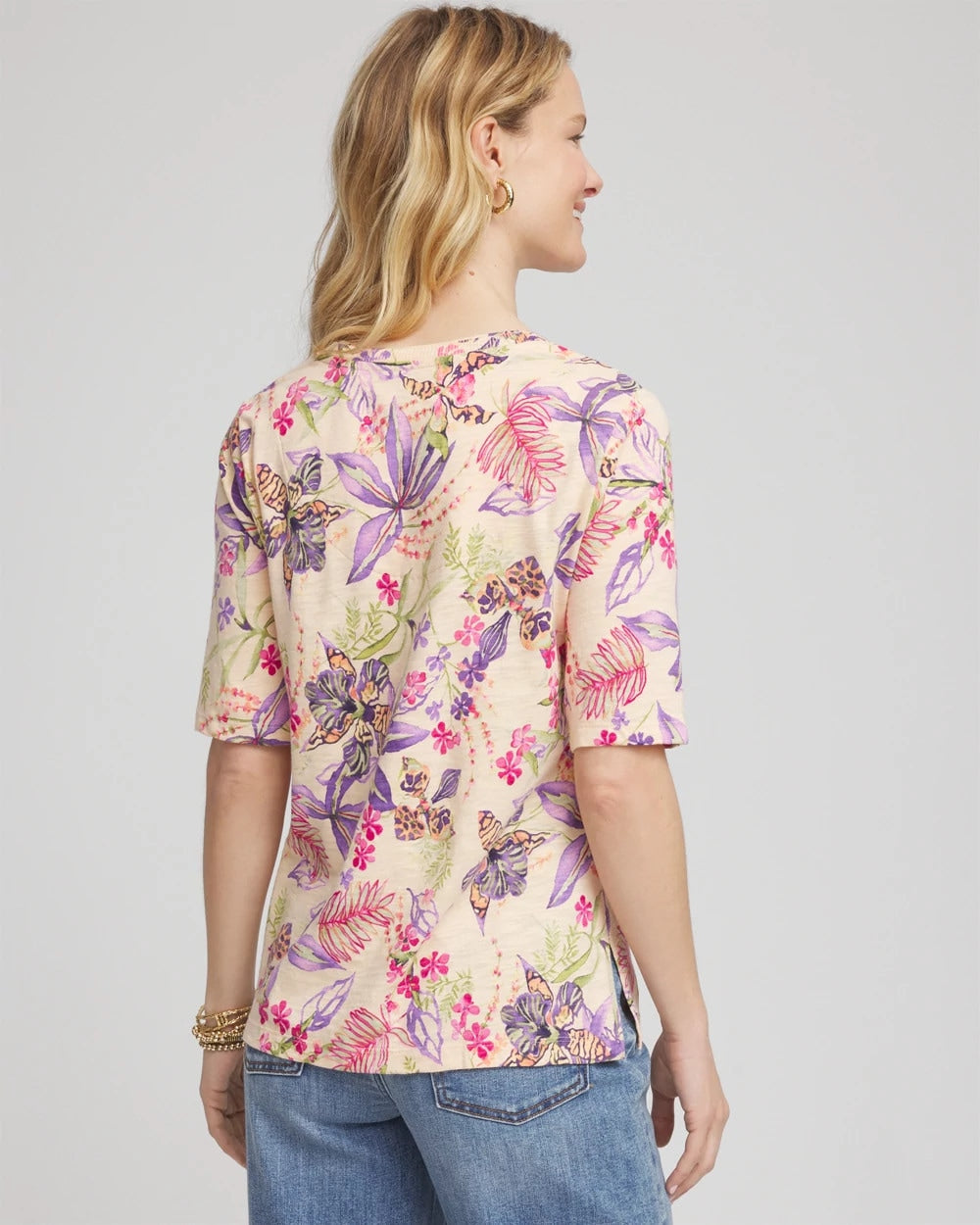 Chico's Women | Tropical Floral Elbow-Sleeve Tee SUNSET PEACH