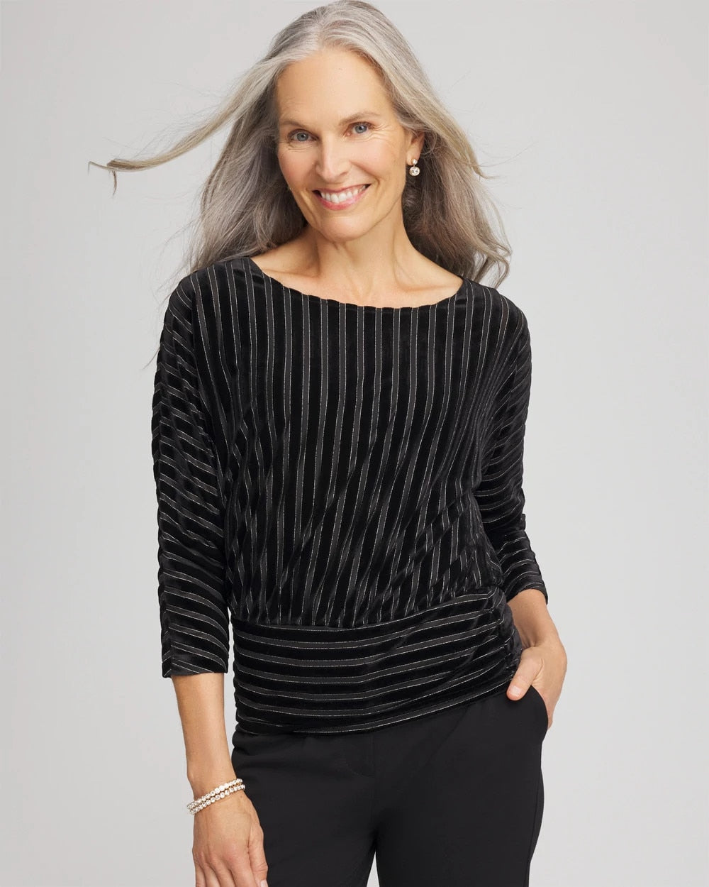 Chico's Women | Velvet Burnout Stripe Banded-Bottom Top BLACK
