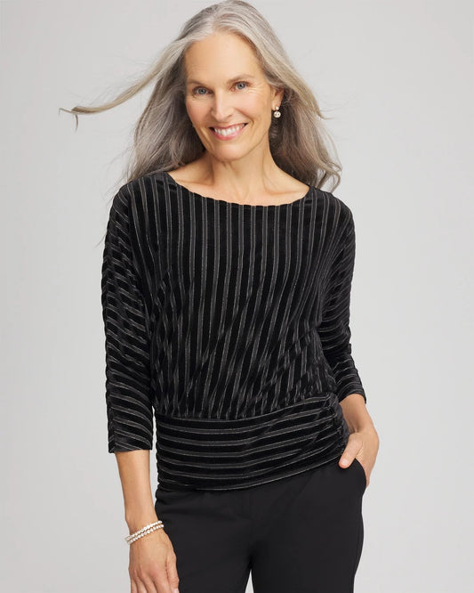 Chico's Women | Velvet Burnout Stripe Banded-Bottom Top BLACK