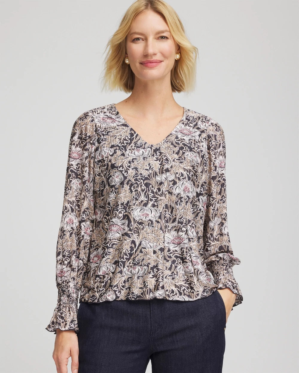 Chico's Women | Bloom Crinkle Bodre Top GRAPHITE GRAY